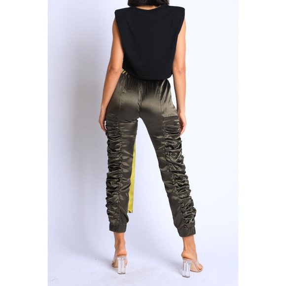 Women's Casual Satin Shirring Long Cuffed Pants With Belted Daily Outdoor Comfy - Picture 11 of 12